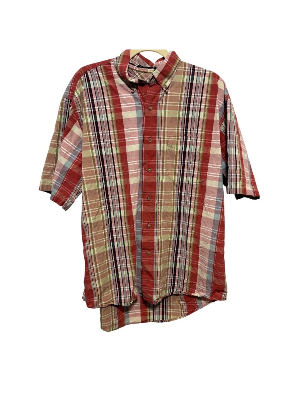 Van Heusen Salt Water Cottons Plaid Button-Down Short Sleeve Shirt L 16-16.5